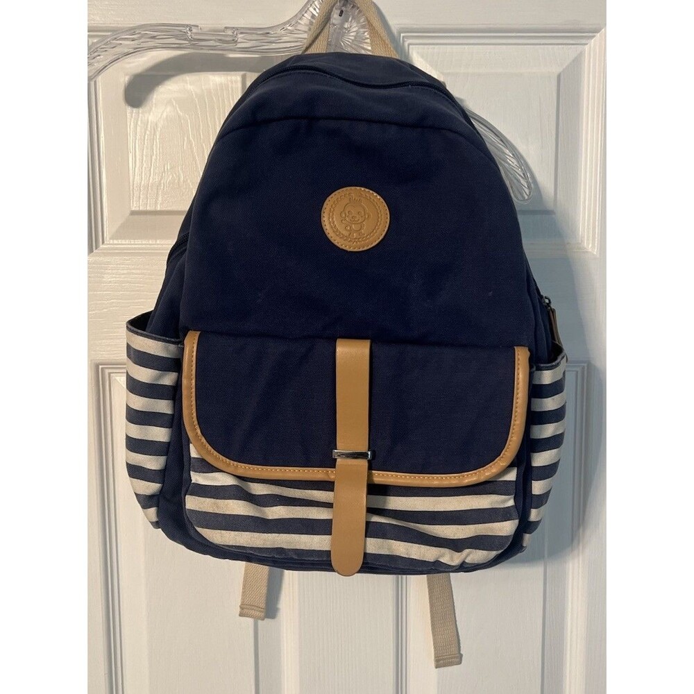 Idyll of Collie & Golden Retriever Backpack Blue White Striped Canvas Rucksack